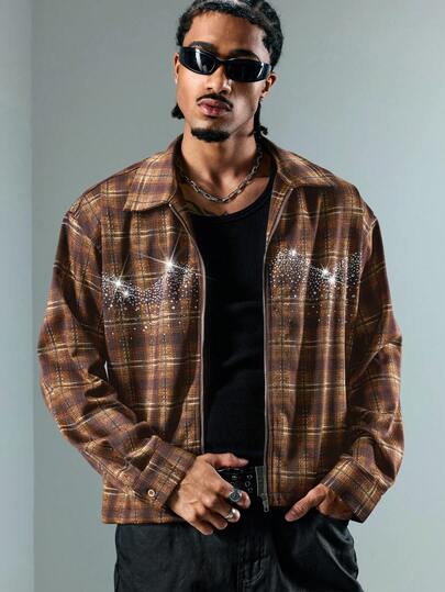 Street Life Men's Plaid Rhinestone Decor Long Sleeve Shacket