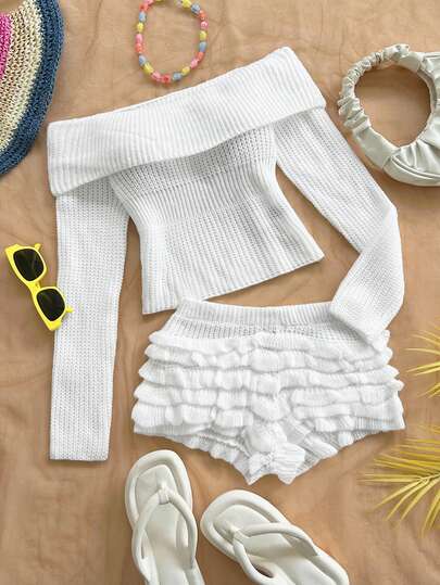 Soleia Casual Vacation Western Beach Wedding Guest Attire, Graduation Brunch, St. Patrick's Day Spring Break Easter Music Festival Elegant Bohemian Tropical Chic Off Shoulder Top, Mini Shorts, Knit Texture Women 2 Pieces Set