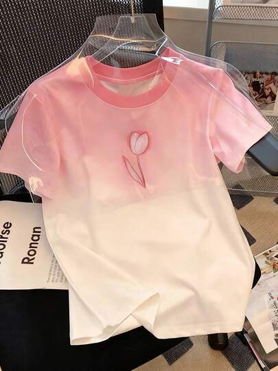 Resyla Estilo de moda, camiseta de mujer de manga corta con tulipán rosa degradado, estilo de nicho para compras y citas, estilo de moda para primavera y verano