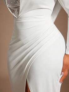 SHEIN SXY Plus Size Elegant Gorgeous Glamorous Sexy Sheer Lace Patchwork Backless High Slit Long Sleeve Dress, Suitable For Prom, Ball, Cruise Attire, Valentine's Day - White - View 7