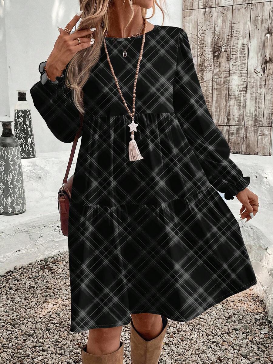 EMERY ROSE Casual Elegant Women's Mid-Length Dress, Autumn/Winter Spring Women Long Sleeve Dress Lantern Sleeve Dress Checkered Dress - Black - View 1