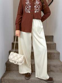 SHEIN LUNE Plus Size Satin Twill Wide Leg Pants, Casual And Suitable For Commuting Cream Pants Silk Pants Summer Pants Casual Comfortable And Versatile - Apricot - View 4