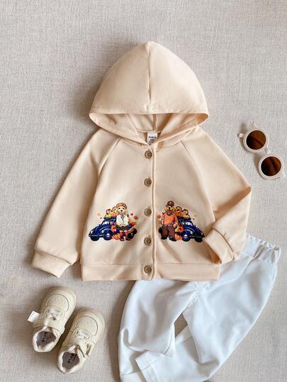 Joliand Joliand 1pc Baby Girls/Boys Elegant City Cute Pumpkin & Puppy Car Pattern Hooded Long Sleeve Sweatshirt Sweatshirt, Suitable For Casual Daily, Outings, Gatherings, Autumn And Winter,Halloween,Halloween,Fall