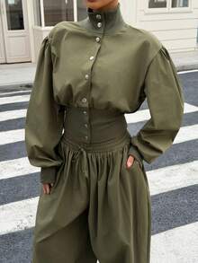 Muchica 女士橄榄绿立领纽扣腰短款夹克 - 橄欖綠 - 查看 6