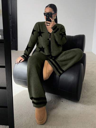 POPSWAY Plus Size Women's Y2K Streetwear 5-Pointed Star Jacquard Loose Knit Cardigan + Pants 2-Piece Set, Suitable For Daily Commute, Spring/Autumn/Winter, Back To School Season, Best Halloween/Christmas Holiday Gift Two Piece Set Women Comfy Green 2 Piece Set Olive Green Outfit Women 2 Piece Casual Sets Woman