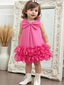 Elladie kids Baby Girls' Elegant Sleeveless Bow Decor Ruffle Mesh Hem Dress, Spring/Summer - Pink - View 3