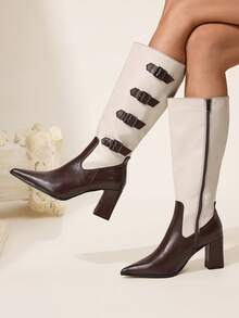 CUCCOO CHICEST Women's Contrast Color Pointed Toe Buckle Design Fashion High Heel Boots For Christmas