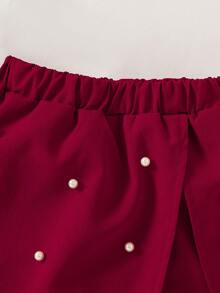 SHEIN Young Girl' Cute Ruffle Knit Top With Bow, Pearl Decor Slit Skirt Shorts Set - Red - View 4