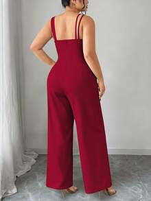 Elenzga Plus Size Women Elastic Knit Elegant Jumpsuit Pants, Metal Buckle, Asymmetric Design - Burgundy - View 2