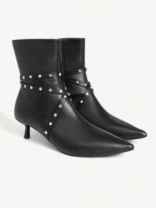 CUCCOO CHICEST Botas de tacón de aguja con decoración de rhinestones hasta la pantorrilla para mujer - Negro - Ver 1