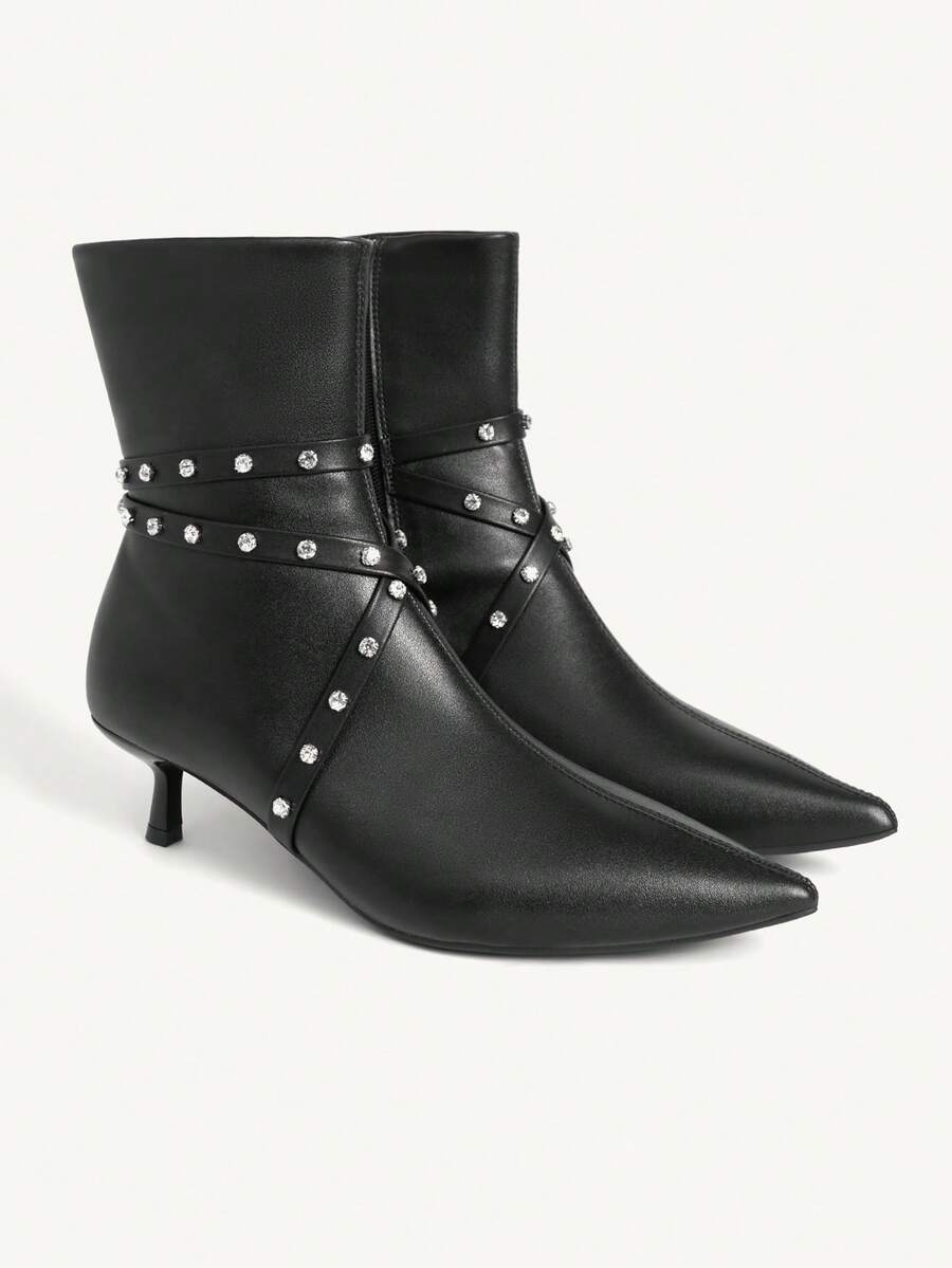 CUCCOO CHICEST Botas de tacón de aguja con decoración de rhinestones hasta la pantorrilla para mujer - Negro - Ver 1