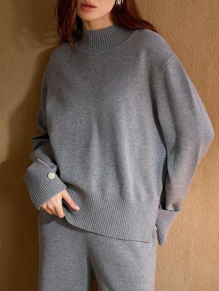 HIGH NECK CASUAL DROP SHOULDER SWEATER AND KNIT PANTS 2PCS SET