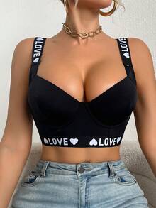DesireSculpt Sujetador inalámbrico con estampado de letras LOVE, con soporte y moldeado - Negro - Ver 10