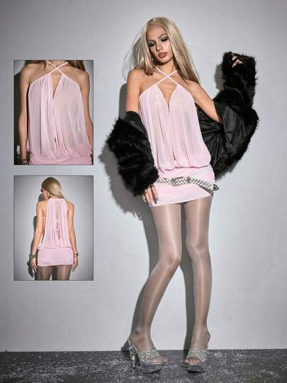 ROMWE Avant Women's Sexy Retro Party/Festival Sheer Cutout Halter Ruffle Hem Mini Dress