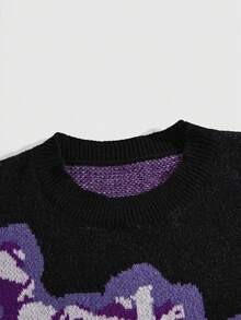 ROMWE MEN Street Life 青少年男童骨头印花圆领休闲长袖套头毛衣 - 黑色 - 查看 3