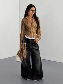 StreetHx Camisa casual de mujer de manga larga a rayas, de corte slim y de un solo pecho - Café integral - Ver 4