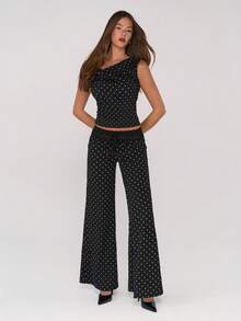 Sweetina Women's Black Casual Retro Vacation Style Polka Dot Print Low Waist Contrast Lace Tie Flare Leg Pants - Multicolor - View 4