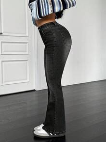 SHEIN PETITE Quần jeans ống loe thời trang đi làm hàng ngày thoải mái dành cho nữ - màu đen - Xem 4