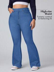 Flexra Quần jeans ống loe denim xanh cỡ lớn cho nữ, co giãn và thon gọn - Màu xanh lam - Xem 8
