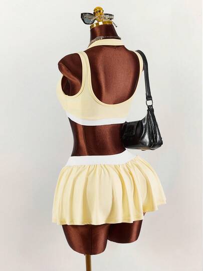 Amplova 2026 Ny ankomst Färgblock Beskuren Camisole Och Utsvängd Minikjol Set För Damer