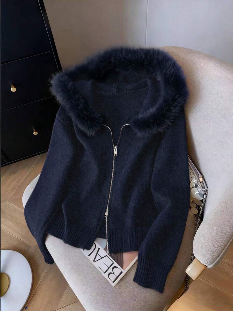 GlowEve Plush Hooded Zip-Up Solid Color Minimalist Cardigan For Women - Navy Blue - View 1