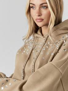 MISSGUIDED Rhinestone Embellished Pullover Hoodie With Crystal Details And Drawstring For Casual Streetwear Winter Fall Fashion - Khaki - View 6