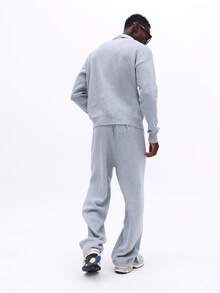 SUMWON 浅灰色翻领针织衫和配套运动裤两件套，休闲舒适，宽松版型，长袖套头衫，运动裤