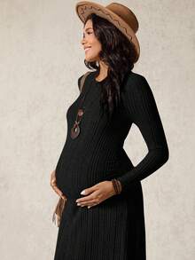 Boho Mama Maternity Black Autumn Casual Formal Evening Photoshoot Elegant Solid Color Round Neck Long Sleeve Ribbed Bump Friendly Knit Maxi Pregnant Dress - Black - View 7