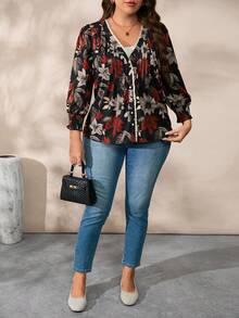 EMERY ROSE Boho Plus Size Floral Shirred V Neck Top For Women With Puff Sleeves And Regular Hem In Multicolor Woven Fabric - Multicolor - View 6