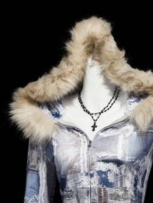 SHEIN ICON Vintage Print Faux Fur Collar Patchwork Hooded Zip-Up Jacket,Fall,Fall Clothes For Women,Women's Winter Clothes - Grey - View 1