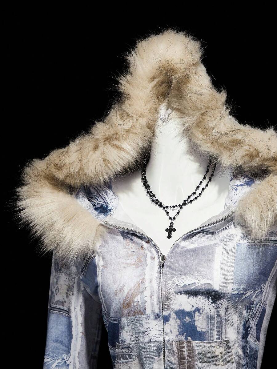 SHEIN ICON Vintage Print Faux Fur Collar Patchwork Hooded Zip-Up Jacket,Fall,Fall Clothes For Women,Women's Winter Clothes - Grey - View 1
