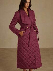 EMERY ROSE Fashionable Design Versatile Slimming Lapel High-End Elegant Mid-Length Belted Fitted Padded Coat - Burgundy - View 4