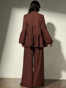 Aveloria Modichic 休闲立领荷叶边泡泡袖上衣和松紧腰阔腿口袋裤两件套 - 棕色 - 查看 6