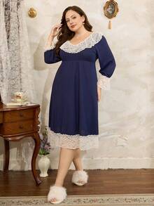 Côtesoire Camisón ajustado de punto cómodo de color azul marino con volantes de encaje y contraste de color elegante y romántico para tallas grandes - azul real - Ver 4