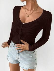 Women's Solid Color Ribbed Knit Cardigan With Front Button, Slim Fit, Spring/Autumn - Brown - View 5