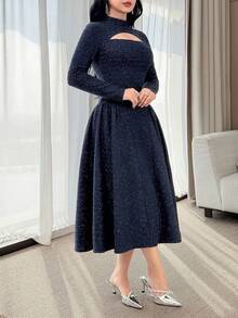 Feyla 女士时尚优雅镂空中长连衣裙 - 藏蓝色 - 查看 4