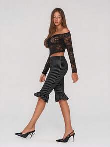 SHEIN ICON Y2k Women's Black Striped Low Waist Ruffle Hem Skinny Capri Pants,Summer - Black - View 5