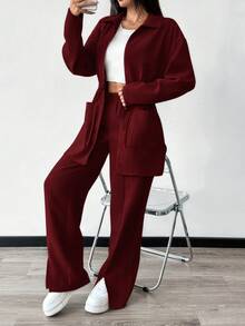 Mulvari Women Solid Color Zip-Up Jacket With Pockets And Pants Casual 2 Pieces Set 2 Pieces Set - Burgundy - View 6