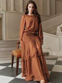 SHEIN Unity Women's Elegant Ruffled Maxi Dress, Brown Tiered Party & Vacation Outfit - Rust Brown - View 7