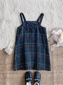 PrepCrw 1 pieza Vestido de suéter a cuadros verde con adorno de botones de perla y ribete negro, estilo elegante escolar y casual urbano para niñas preadolescentes, adecuado para uso en el hogar, uso diario, Navidad, festivales, otoño/invierno - Multicolor - Ver 3