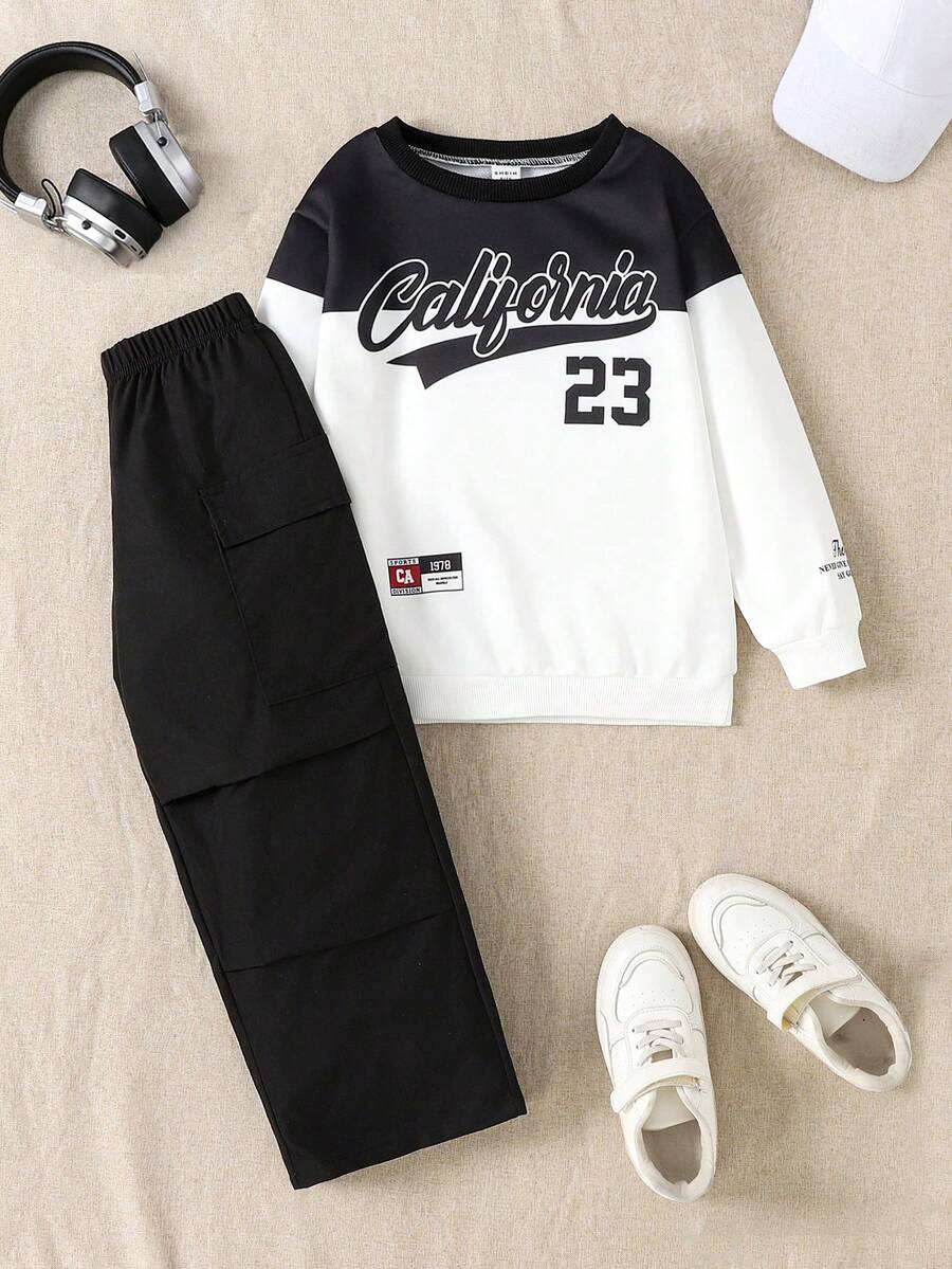 Casuvi Kids 2pcs/Set Toddler Boys' Street Casual Graphic Print Crew Neck Long Sleeve Sweatshirt And Cargo Pants, Suitable For All Seasons - White - View 1