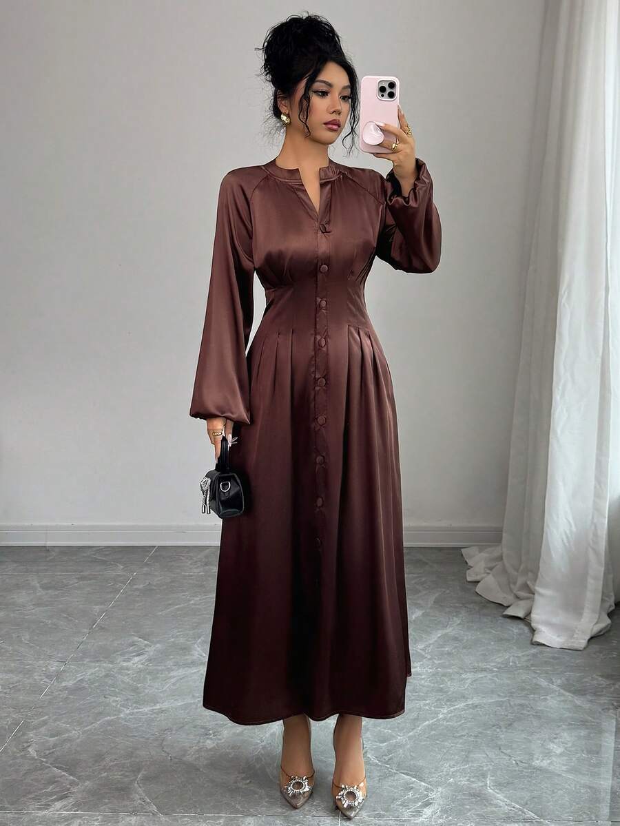 SHEIN Elenzya Váy sơ mi xếp ly satin màu nâu thanh lịch thu/đông - màu nâu - Xem 1