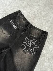 Manfinity EMRG Men's Casual Loose Fit Wide Leg Black Jeans Loose Wide Leg Print Black Street Hang Out Distressed Jeans For Punk Baggy Jeans With Design - Black - View 3