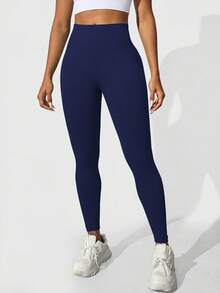 Slayform Leggings femininas de cintura alta, sem costura e modelagem slim - Leggings resistentes, macias ao toque, de secagem rápida, respiráveis e com elasticidade em 4 direções, ideais para corrida, ciclismo, ioga, pickleball, exercícios e uso casual. - Azul marinho - Ver 4