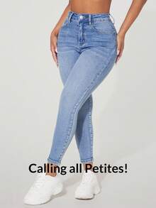 SHEIN PETITE High-Waisted Button-Embellished Skinny Stretch Distressed Y2K Jeans Thermal Lined Skinny Jeans With Pockets, Autumn & Winter Thickened Denim - Light Wash - View 5