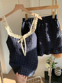 Comfortcana Bộ 2 món áo và quần short không tay phối ren kẻ caro trang trí nơ thời trang dành cho nữ - Màu xanh hải quân - Xem 5