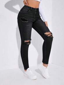 Rivivi Women's High Waist Pocket Distressed Skinny Casual Versatile Jeans - Black - View 10