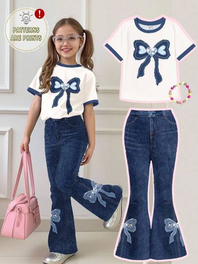 SHEIN Leap Crew 2 件套青少年女孩休闲蕾丝拼布蝴蝶结图案短袖圆领 T 恤和紧身喇叭裤套装，夏季服装，轻松舒适，儿童秋季分层装，时尚儿童，休闲装，儿童图案服装，返校，秋装，返校节