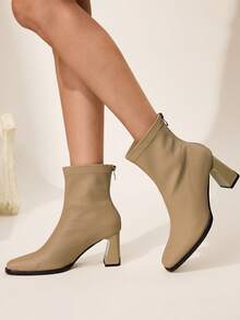 CUCCOO CHICEST Women's Square Toe Zipper Design Casual High Heel Mid-Calf Boots For Christmas - Khaki - View 2