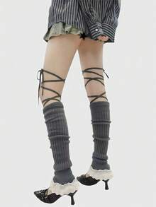 ROMWE Kawaii 1 Pair Y2K Retro Chic Lace Trim Leg Warmers, Cute & Sweet, Suitable For School, Casual, Commute, Date, Home, Music Festival, Etc. - Grey - View 3